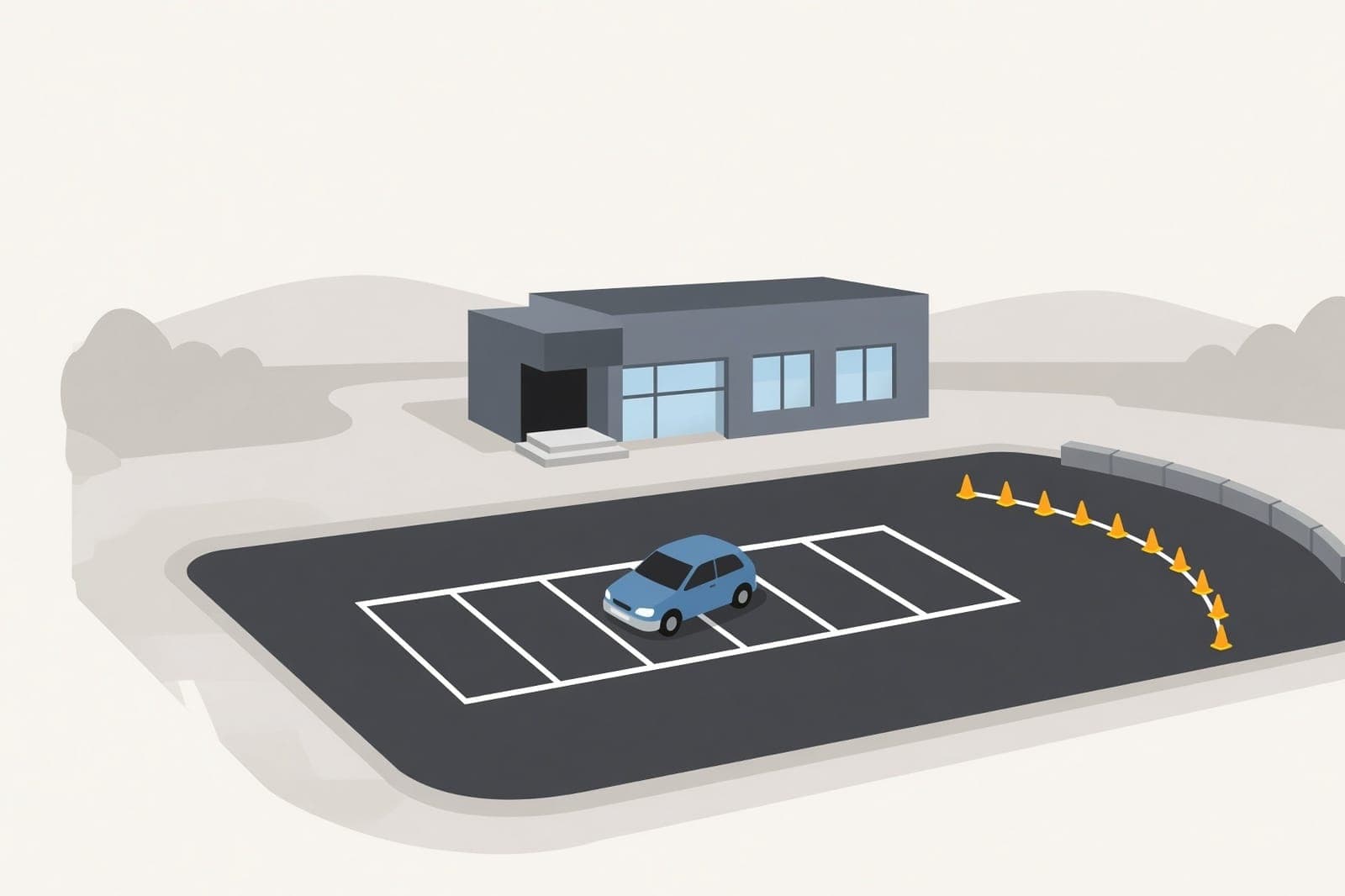 A test centre car park with marked bays and a line of cones, a blue car in one bay.